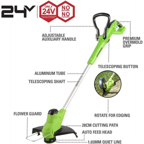 Trimmer 28cm, 24 VOLT incl 24 Volt 2Ah accu + 24 Volt lader